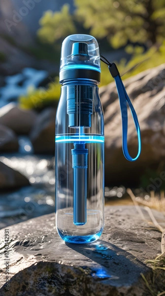 Obraz Blue water bottle with filter and strap on rock by stream