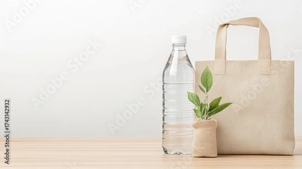Fototapeta Eco-friendly action close-up of reusable water bottle and tote bag in minimalist environment