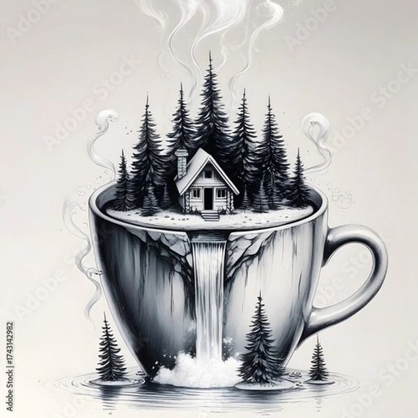 Obraz Miniature forest with cabin and waterfall inside a coffee cup