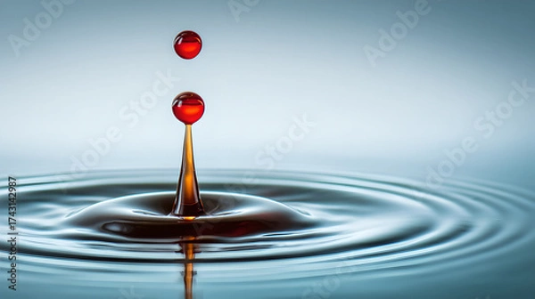 Fototapeta A high-speed photo captures red drops creating ripples in a clear liquid
