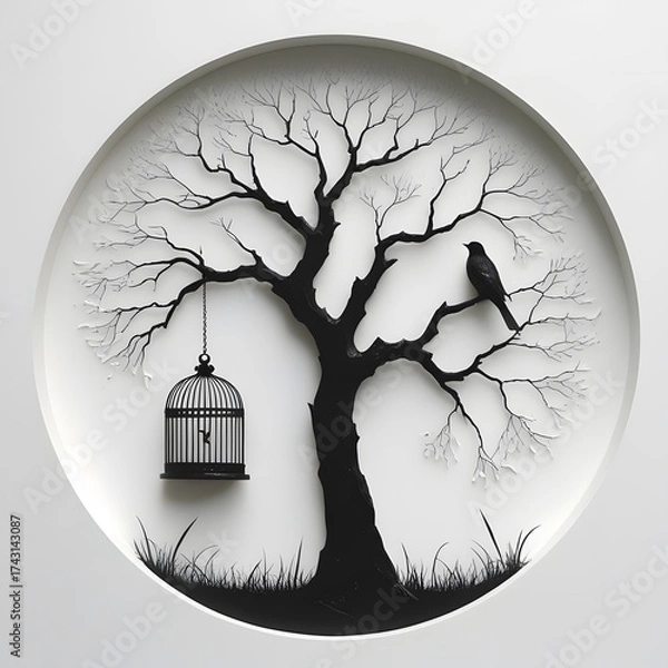 Obraz A bird perched on a tree branch next to an empty birdcage