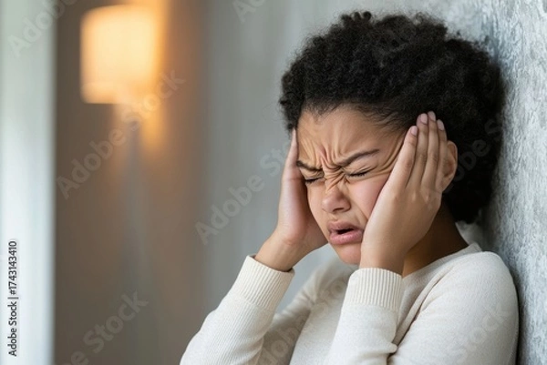 Fototapeta Weary person with tinnitus expression leaning against wall in urban environment emotional struggle auditory distress