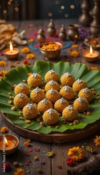 Obraz Traditional indian sweets served on a banana leaf with diyas