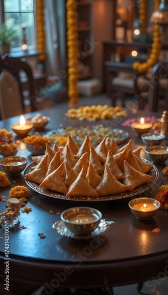 Obraz Plate of samosas with tea and diyas for diwali celebration