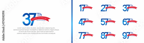 Obraz set of anniversary logo style red ribbon. vector design blue color for celebration