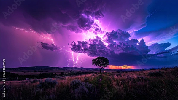 Fototapeta Stormborn Spectacle: Purple Lightning Crashing Over a Wild Landscape as a Vivid Manifestation of Raw Power, Natural Energy, and Elemental Intensity