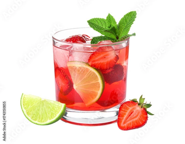 Fototapeta Single Strawberry Mojito Glass Isolated on White Background