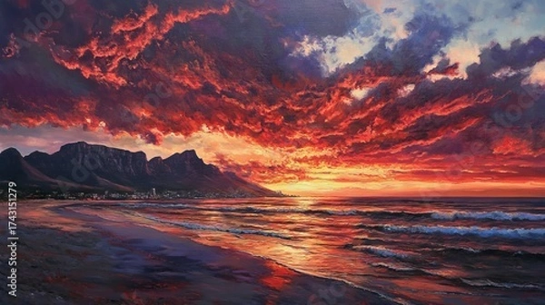 Fototapeta 41.A breathtaking view of a fiery sunset over Camps Bay, the sky ablaze with reds and purples, with Table Mountain and the Twelve Apostles towering in the distance, casting shadows over the beach