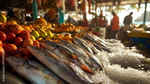 Fototapeta 20.A bustling fish market scene in Guadeloupe, with fresh fish like snapper and tuna displayed on beds of crushed ice, surrounded by vibrant tropical fruits and local spices, with bright sunlight