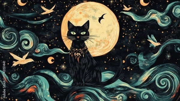 Fototapeta 57.A celestial boho pattern showcasing a whimsical black cat with witchy accessories, standing beneath a full moon. Ethereal birds fly around, while the cosmic backdrop swirls with stars, galaxies,