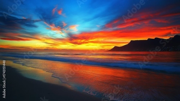 Fototapeta 40.Vibrant Cape Town sunset with colorful skies over the tranquil beach of Camps Bay, Table Mountain and the Twelve Apostles creating a majestic backdrop, the sun dipping below the horizon