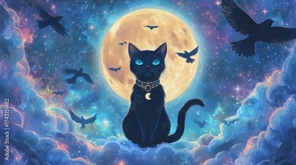 Fototapeta 57.A celestial boho pattern showcasing a whimsical black cat with witchy accessories, standing beneath a full moon. Ethereal birds fly around, while the cosmic backdrop swirls with stars, galaxies,