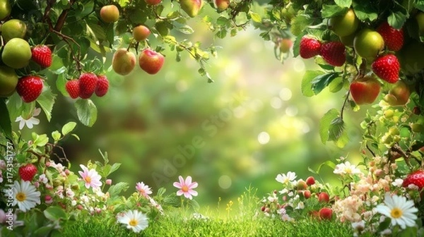 Fototapeta 27.Close-up of delicate flowers in full bloom, surrounded by fruit trees heavy with ripe, colorful fruits like strawberries, apples, and pears, set against a fresh green landscape in springtime