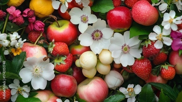 Fototapeta 27.Close-up of delicate flowers in full bloom, surrounded by fruit trees heavy with ripe, colorful fruits like strawberries, apples, and pears, set against a fresh green landscape in springtime