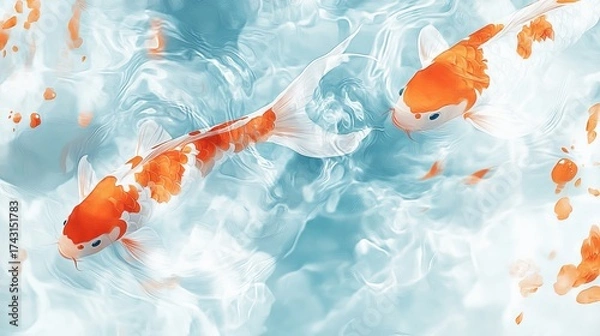 Fototapeta 78.A delicate, stylized illustration of koi fish swimming in a pond, with intricate details on the orange and white scales. The water ripples gently around them, and soft blue tones create a sense of