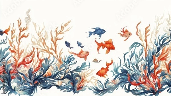 Fototapeta 2.A beautifully detailed, seamless border of intricate seaweeds swaying with colorful fish swimming among them, all hand-drawn in a whimsical, flowing style, ideal for marine-themed art and decor.