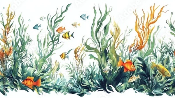 Fototapeta 2.A beautifully detailed, seamless border of intricate seaweeds swaying with colorful fish swimming among them, all hand-drawn in a whimsical, flowing style, ideal for marine-themed art and decor.