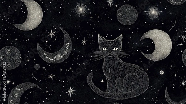 Fototapeta 58.A dreamy gothic illustration with a seamless repeating pattern of witchy cats, celestial moons, and abstract galaxy elements. The design features intricate linework, esoteric symbols, and cosmic