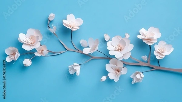 Fototapeta 63.A minimalistic design of blooming cherry flowers on a thin, curved branch, with soft, textured petals in gentle pinks and whites, placed against a bright blue backdrop. The paper cut-out effect