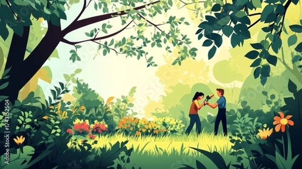 Fototapeta 87.A modern, flat vector illustration of a person carefully pruning a tree branch while another waters vibrant flowerbeds in a well-kept garden, with bright green grass and newly sprouted plants