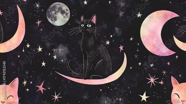 Fototapeta 55.Space Pattern â€“ Boho Gothic Cat and Moon Design