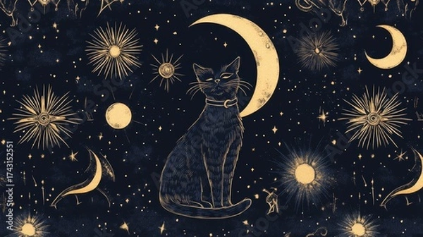 Fototapeta 55.Space Pattern â€“ Boho Gothic Cat and Moon Design