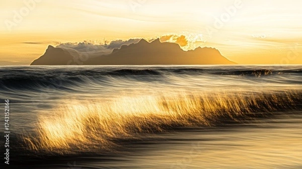 Fototapeta 39.Sunset scene from Camps Bay Beach, with soft golden light reflecting on the water, and the dramatic silhouette of Table Mountain and Twelve Apostles looming in the background, waves gently lapping