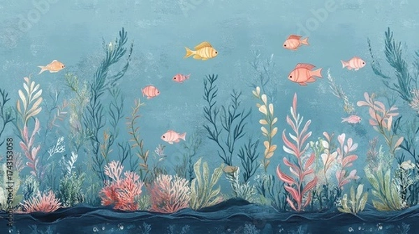 Fototapeta 4.A seamless marine-themed border with graceful underwater plants and small, colorful fish darting in and out, the design offering a dynamic, handmade feel with natural textures and soothing ocean