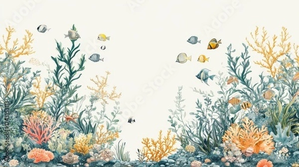 Fototapeta 4.A seamless marine-themed border with graceful underwater plants and small, colorful fish darting in and out, the design offering a dynamic, handmade feel with natural textures and soothing ocean