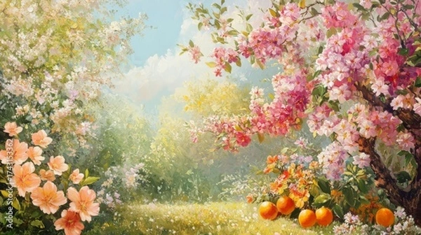 Fototapeta 28.A serene garden scene with blossoming flowers in pastel hues, fruit trees full of plump, ripe fruits such as cherries and citrus, sunlight streaming through the branches