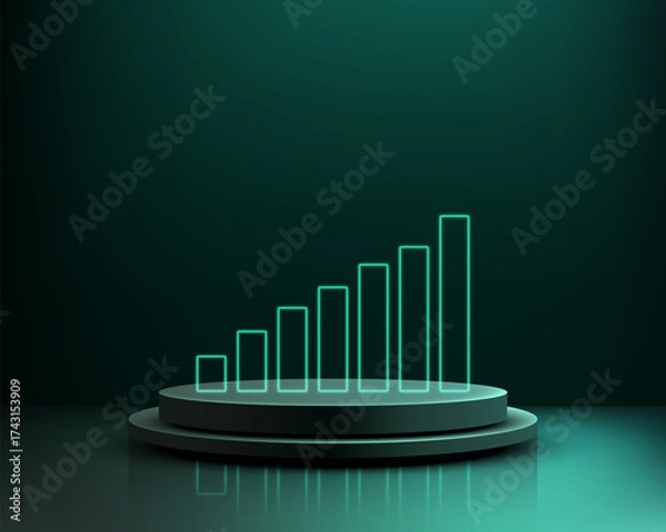 Fototapeta business growth chart neon green bars on dark teal stage 3d podium for finance success marketing analysis and digital data visualization in modern corporate presentation background