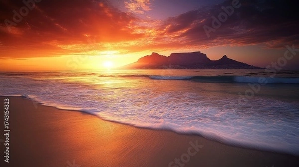 Fototapeta 38.Wide-angle view of a golden Cape Town sunset over the shimmering waters of Camps Bay Beach, with the iconic Table Mountain and the Twelve Apostles mountain range bathed in warm hues of orange and