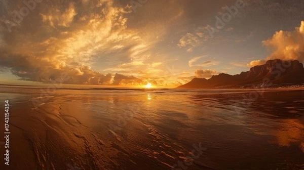 Fototapeta 38.Wide-angle view of a golden Cape Town sunset over the shimmering waters of Camps Bay Beach, with the iconic Table Mountain and the Twelve Apostles mountain range bathed in warm hues of orange and