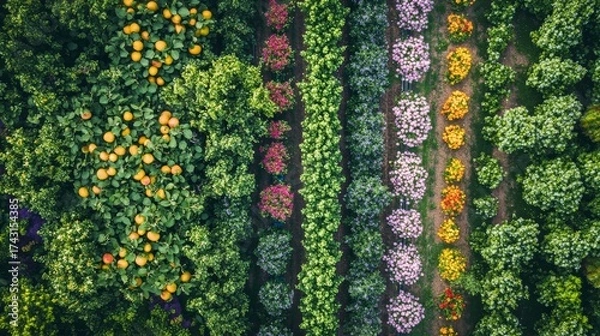Fototapeta 29.Overhead view of a beautifully vibrant fruit garden with rows of blossoming flowers and fruit-bearing trees, a mix of colorful blooms and fruits like figs, berries, and grapes