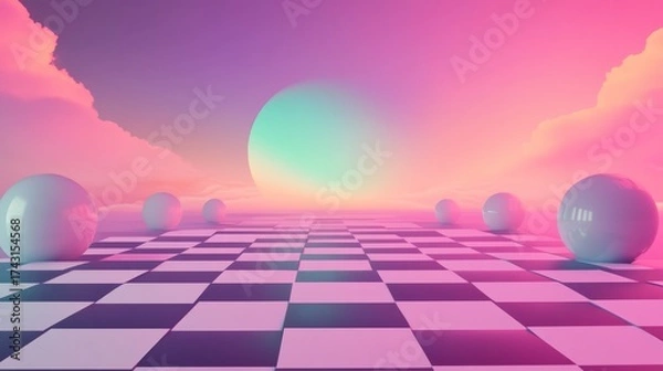 Fototapeta 18.An aesthetic digital illustration of a glowing neon sky in soft pink, purple, and green tones, with a bold checkered floor below, evoking a vibrant, energetic summer techno vibe with subtle motion