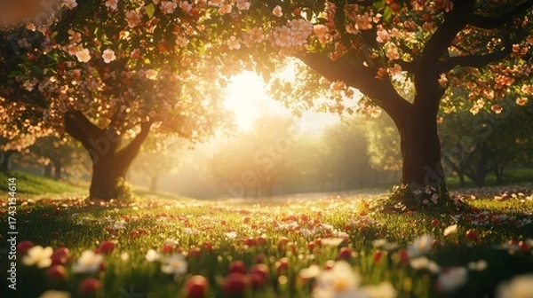 Fototapeta 30.Bright and airy landscape of a spring garden where wildflowers and fruit trees coexist, the air filled with the scent of blossoms, and the ground covered with fallen petals and ripe fruit