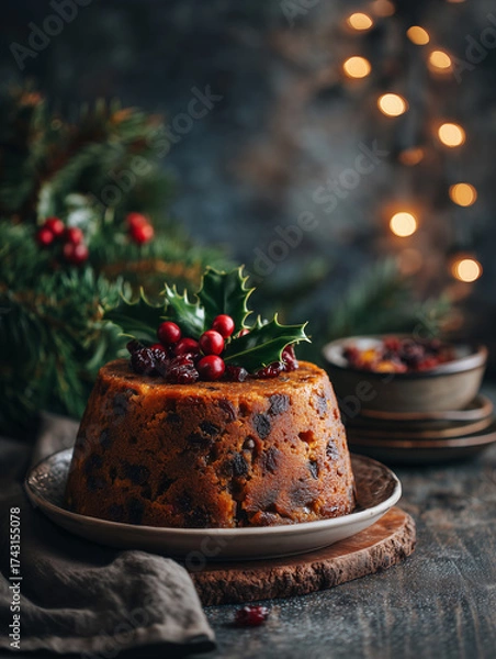 Fototapeta Flaming Christmas pudding on a white plate, surrounded by holly leaves and cranberries