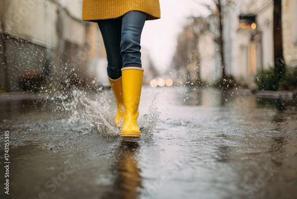 Fototapeta Person in yellow rain boots splashing in puddle on a rainy day