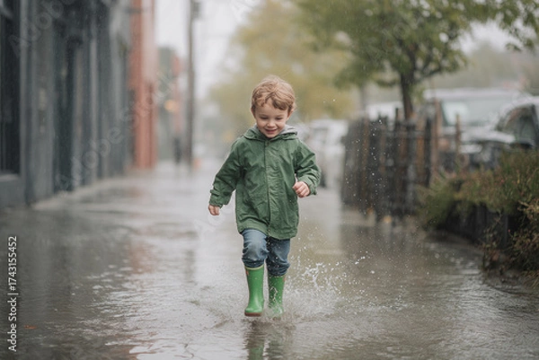 Fototapeta Joyful child splashing in a puddle on a rainy day