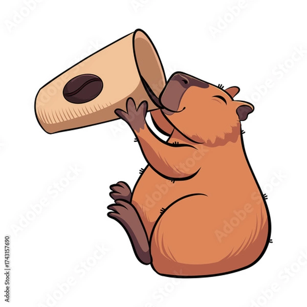 Fototapeta A drawing of a capybara drinking coffee