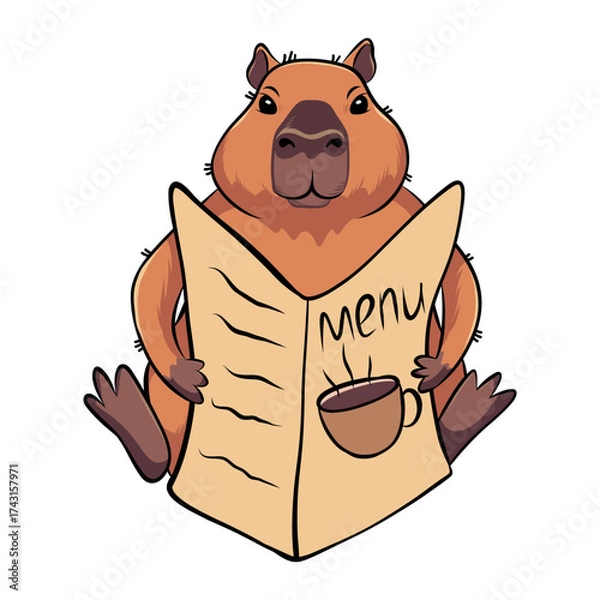 Fototapeta A drawing of a capybara sitting with a menu
