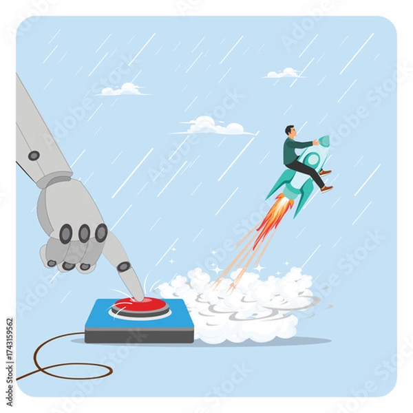 Fototapeta Start new business concept. Businessman hand push start to launch start up rocket.