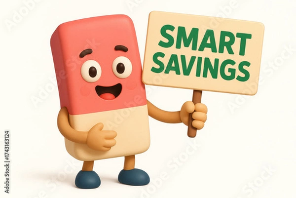 Fototapeta Cheerful cartoon eraser character holding sign with smart savings message, perfect for back to school promotions and educational financial tips for students and parents