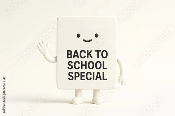 Fototapeta Back to school special sign with cute smiling character waving hand on white background, cheerful and welcoming, perfect for education and classroom promotions