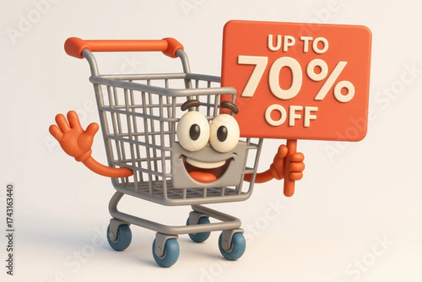 Fototapeta Cheerful shopping cart character holding sign with up to 70 percent off, perfect for back to school sales and promotions, encouraging savings and excitement for shoppers