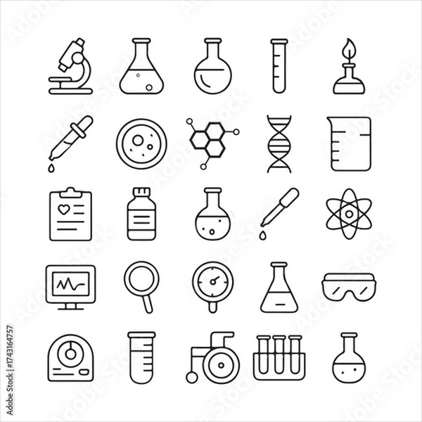 Obraz Science laboratory icons vector illustration, chemistry symbols, lab equipment, chemical analysis, science research, scientific experiment, laboratory tools, white background.