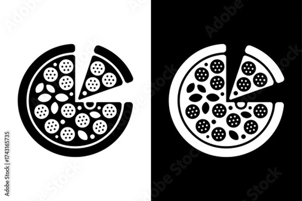Obraz Black Pizza Slice Silhouette. Pizzeria Food Symbol and Fast Food Icon Design