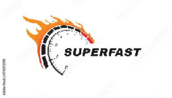 Fototapeta Pixelated speedometer on fire with "SUPERFAST" text, symbolizing high speed, performance, boost, and retro gaming style. Icon for fast technology or internet. Vector EPS10.