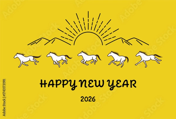 Obraz 2026年午年　走る馬の連続ポーズと山、初日の出の線画イラスト年賀状