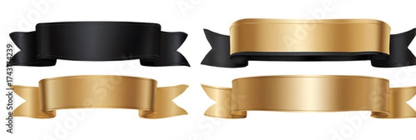 Fototapeta Set of three elegant black and gold ribbon banners isolated on white background